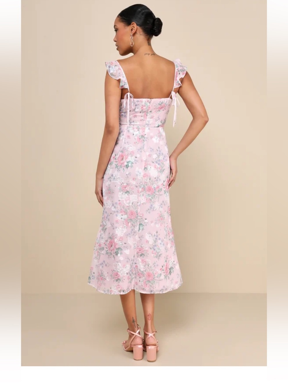 Lulus Delightful Direction Blush Floral Ruffled Tie-Strap Midi Dress Pink View 2